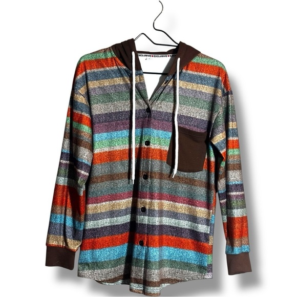 Striped Multicolor Button Up Brown Hood and Front Pocket Long Sleeve Sweater - Picture 13 of 16